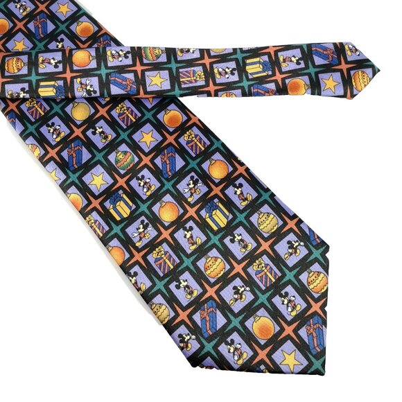 Mickey Unlimited Disney Christmas Bauble Men's Neck Tie Purple Orange Geometric - Picture 4 of 4